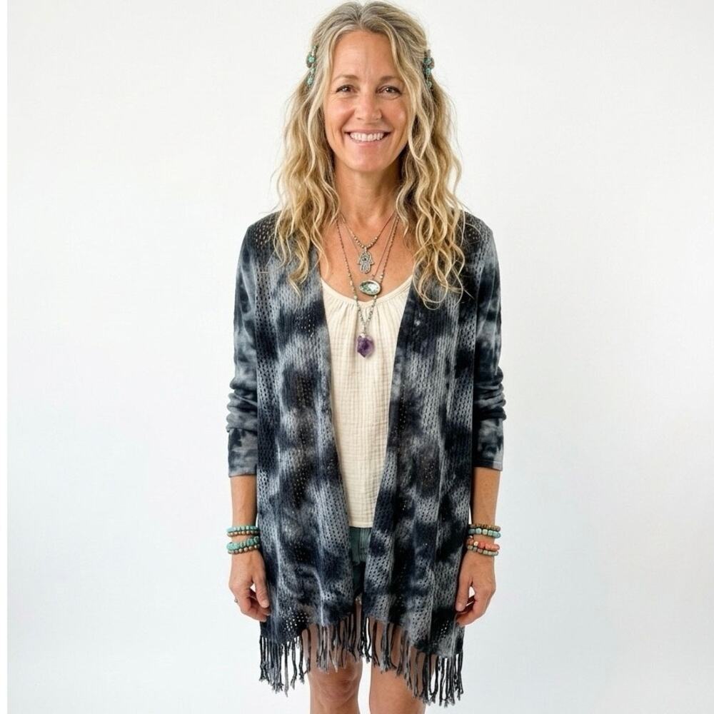 XCVI Women's L Cotton Fringe Open Crochet Knit Cardigan Sweater Bleached Tie Dye